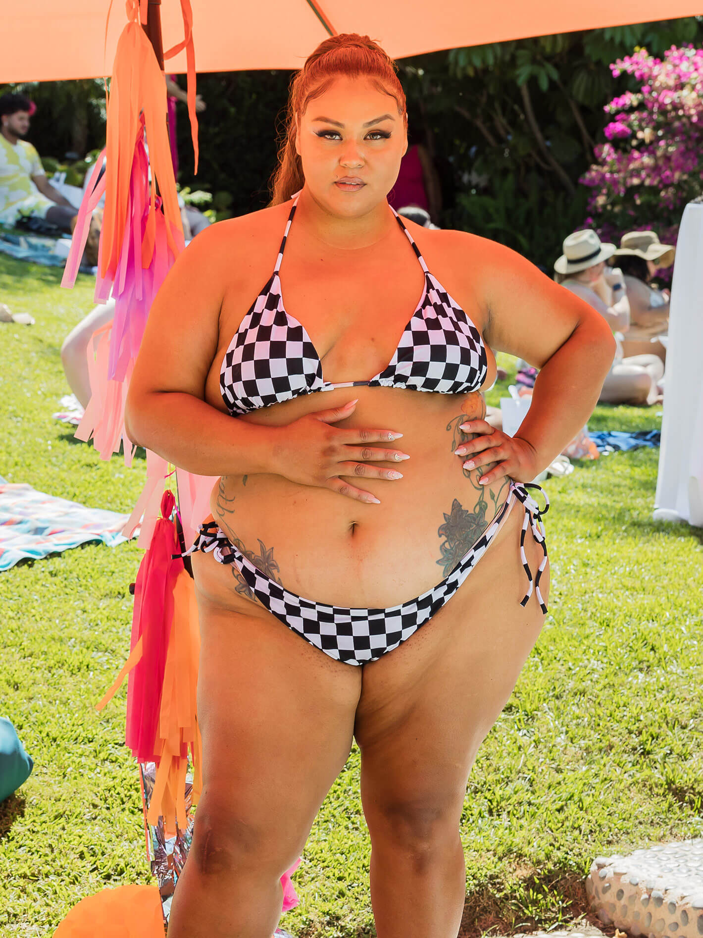 Black and white checked plus size string bikini.