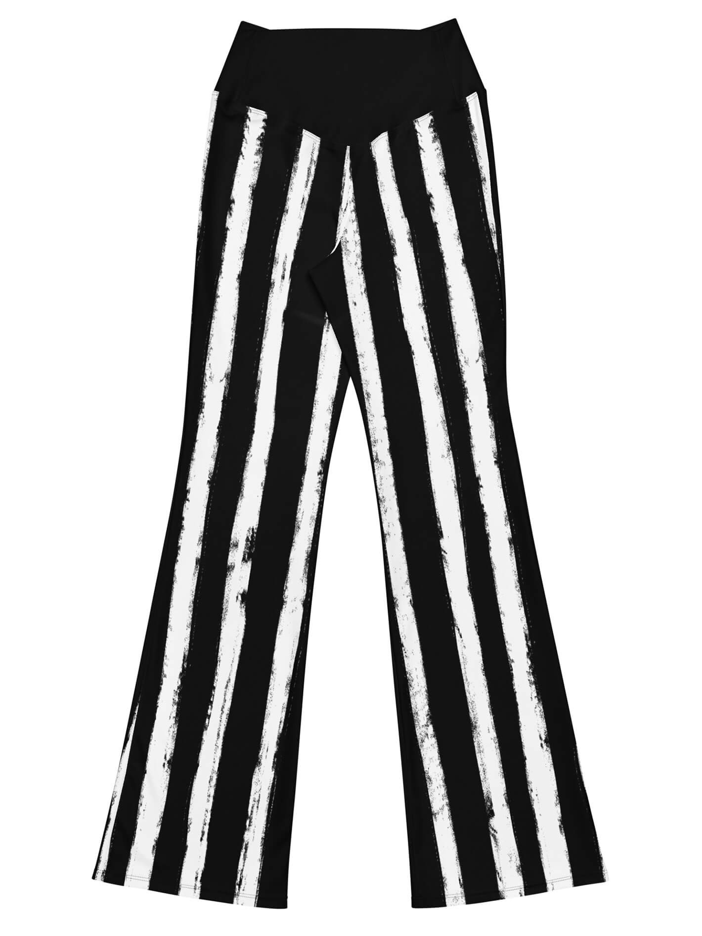 Black and white striped flare leggings.