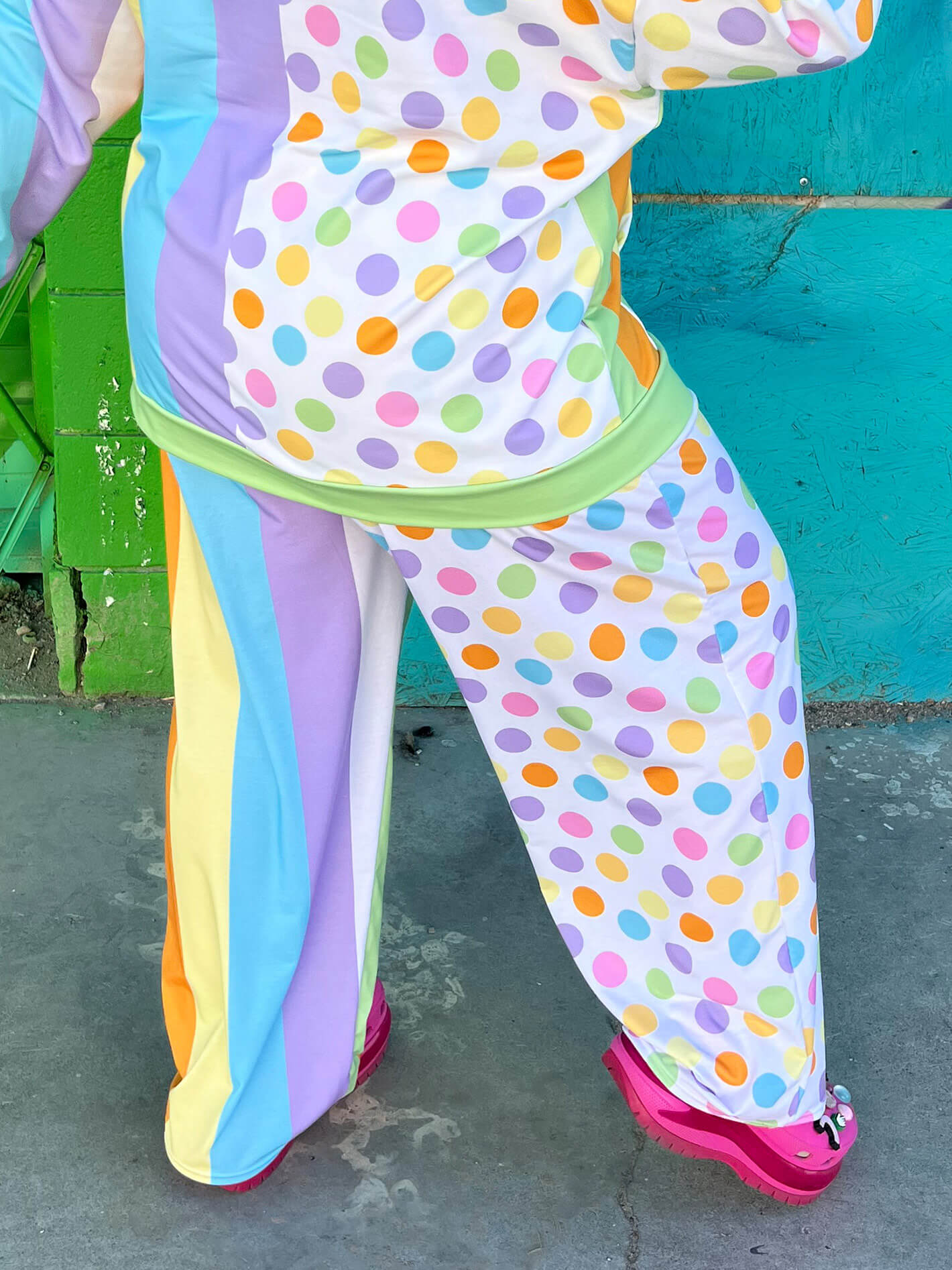 Dopamine dressing polka dot and stripe pants.