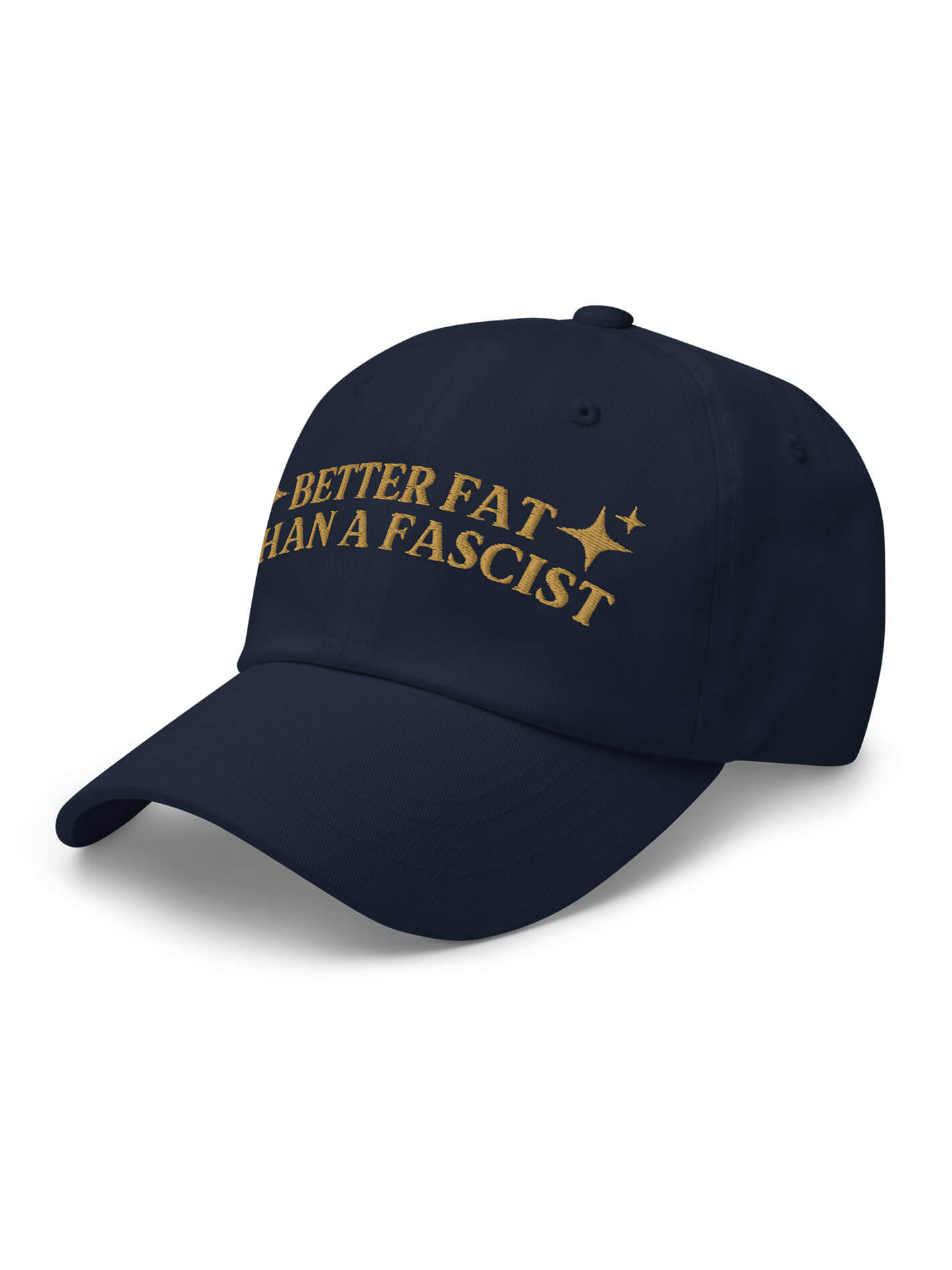 Gold and navy anti fascist dad hat.