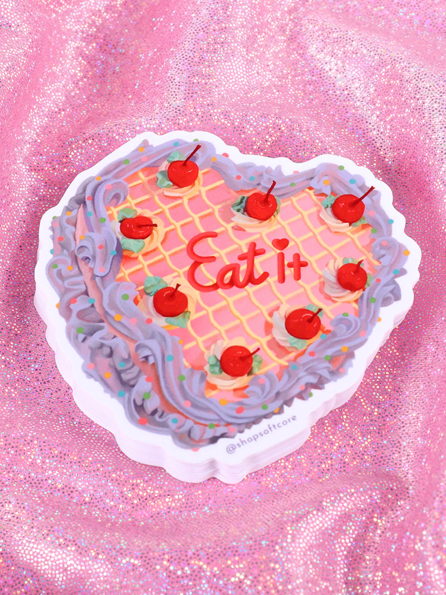 Kawaii pastel retro cherry cake that say eat it sticker.
