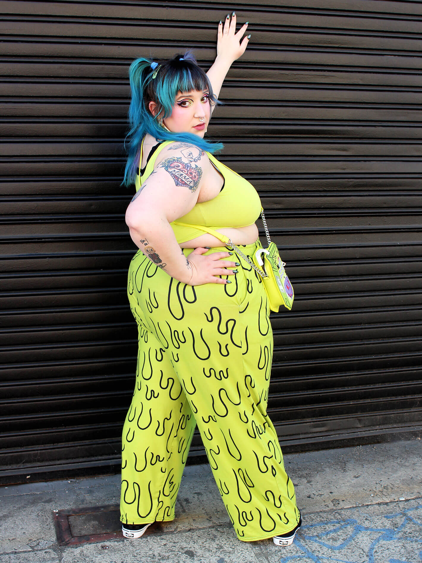 Lime green creepy slime wide leg pants.