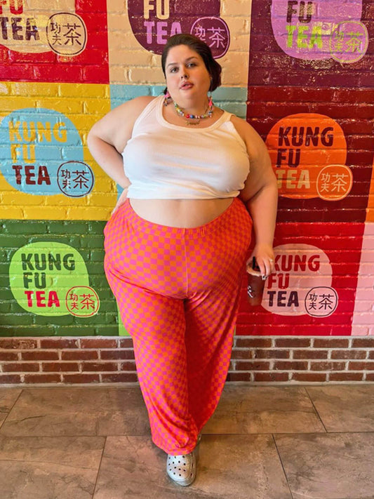 Orange and pink plus size checker pants.