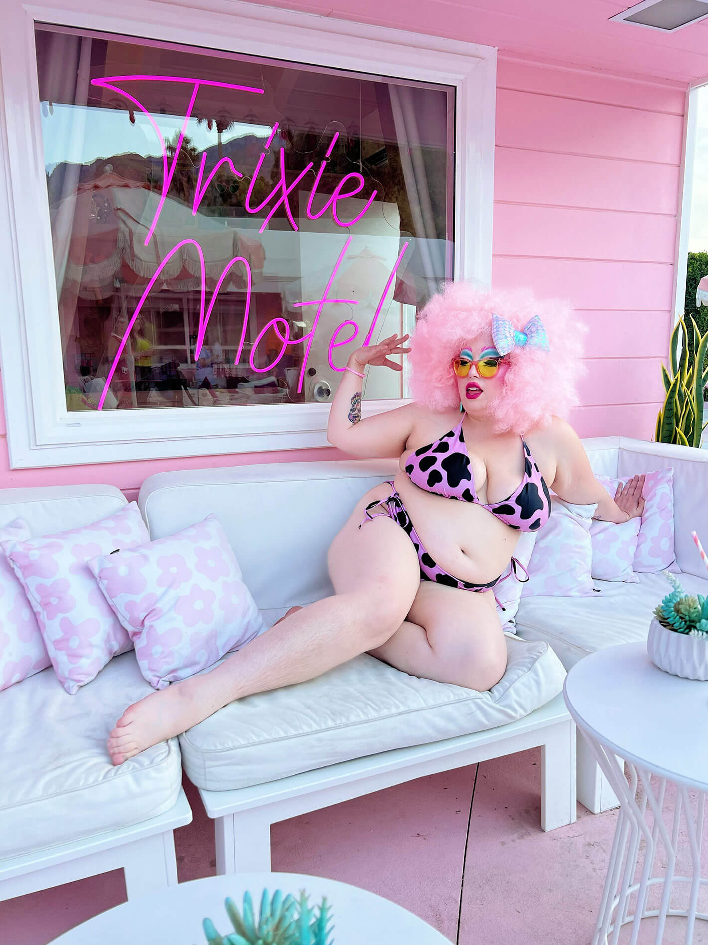 Pink cow print bikini.