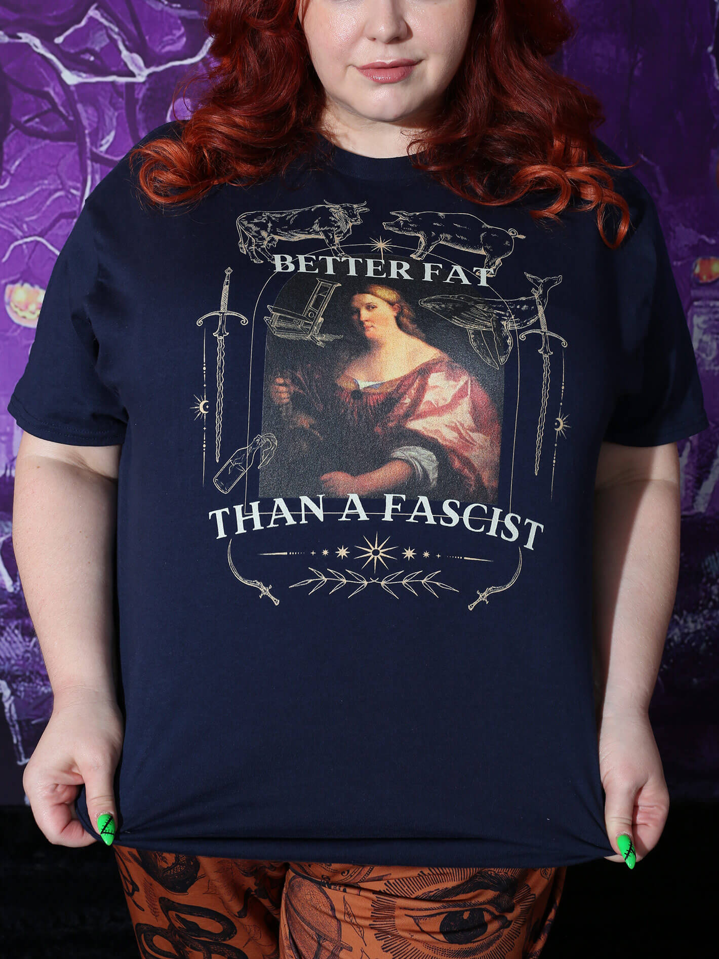 Plus size anti fascist feminist t-shirt.