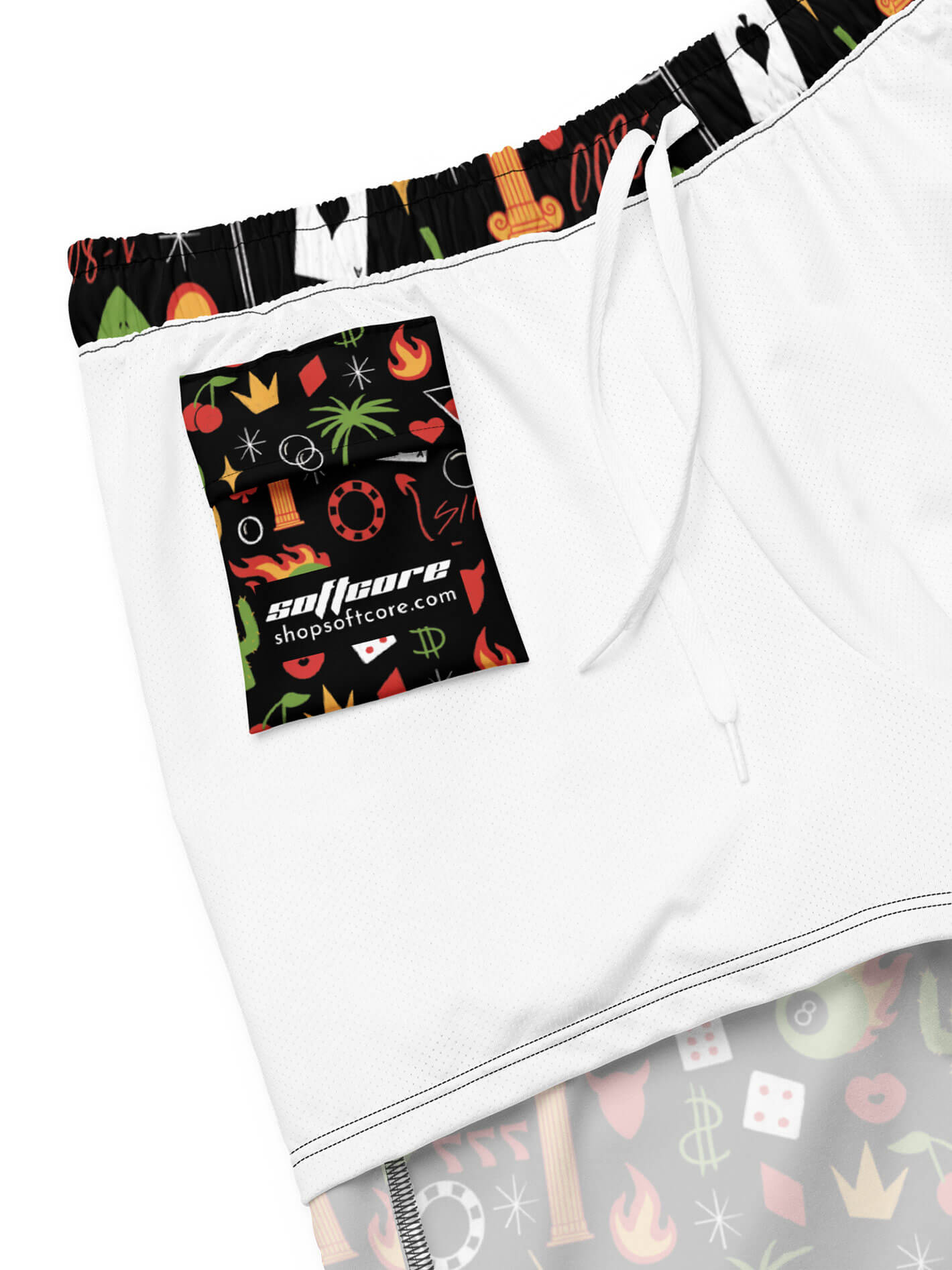 Plus size kitsch Vegas swim shorts.