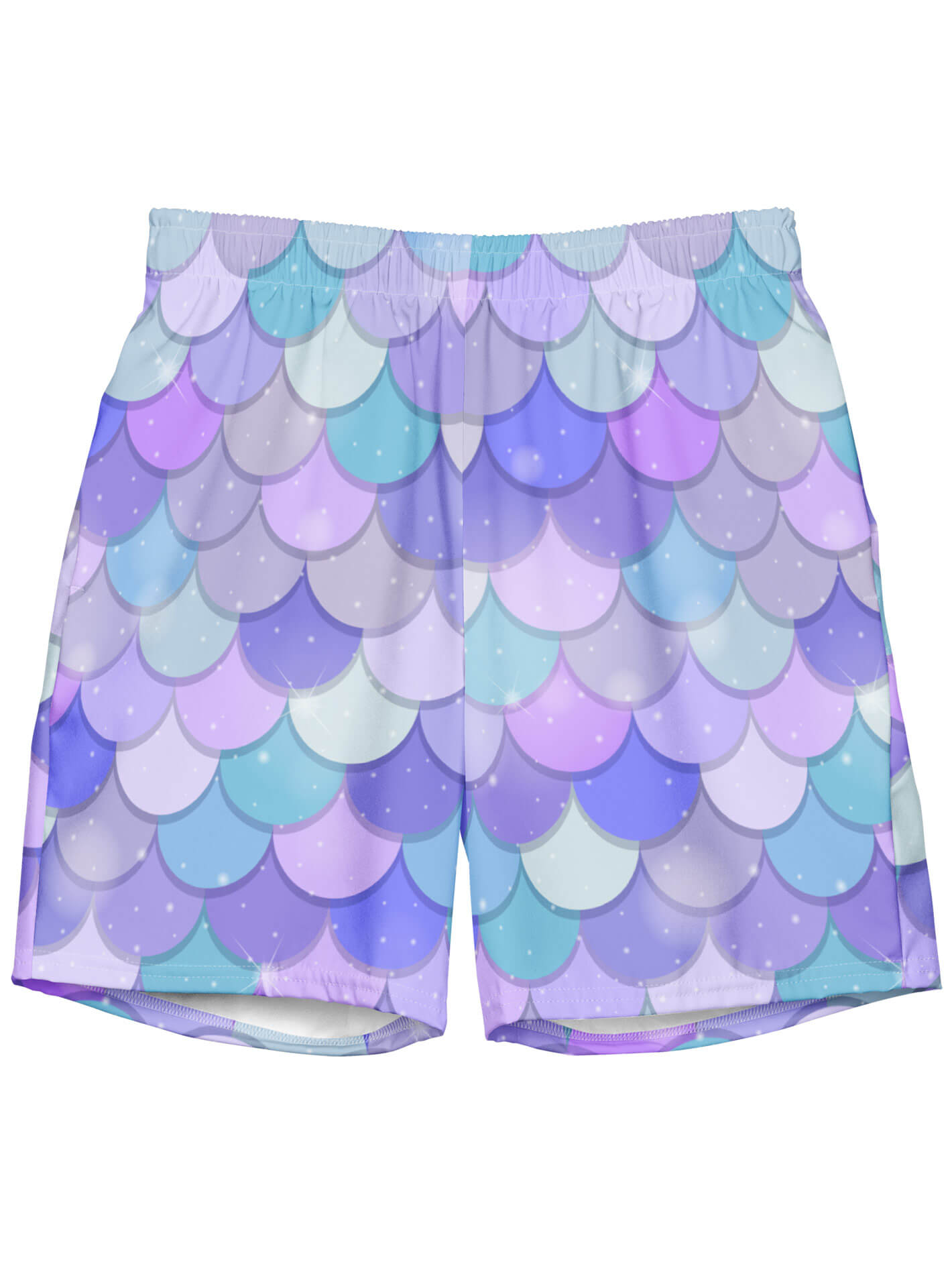 Plus size mermaid scale swim trunks.