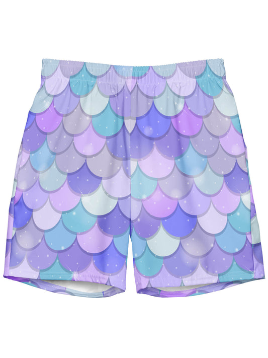 Plus size mermaid scale swim trunks.