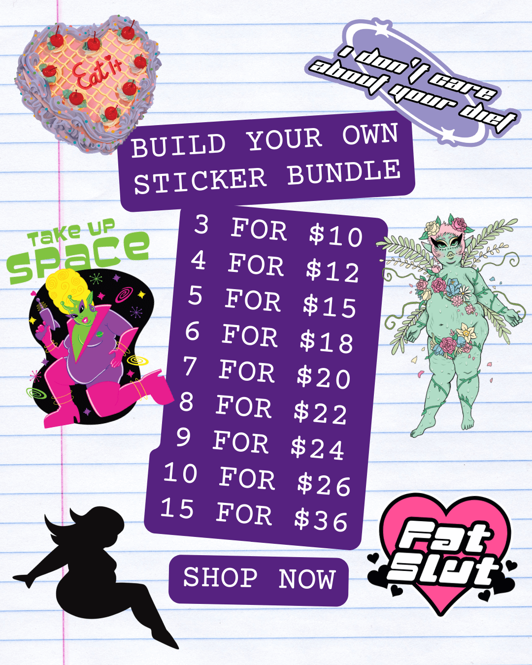 Build your own sticker bundle. Click through to shop now.