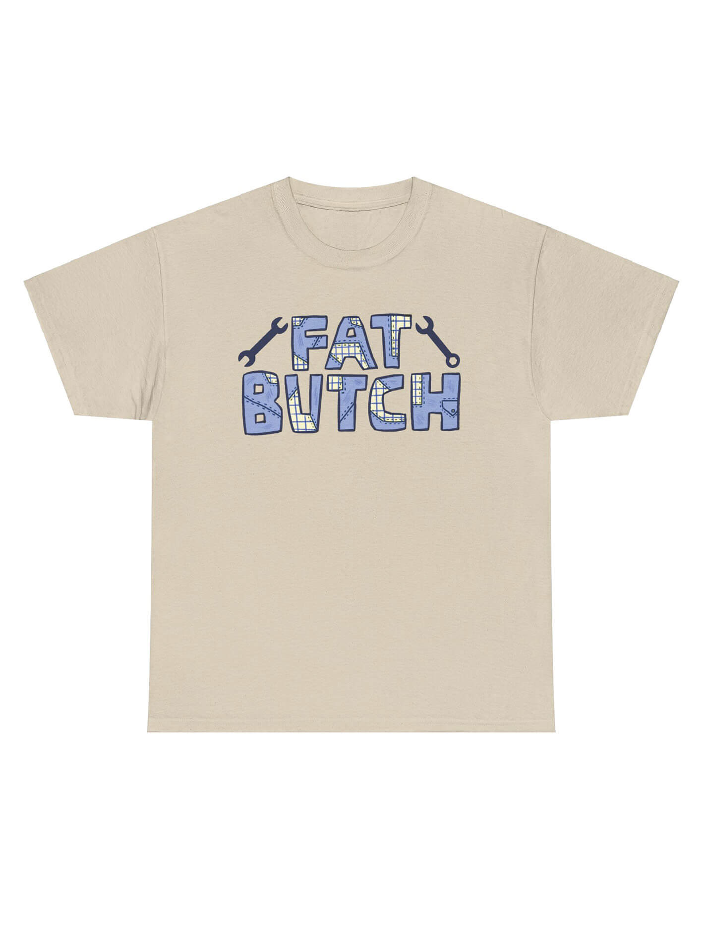 Queer fat butch sand colored graphic tee.