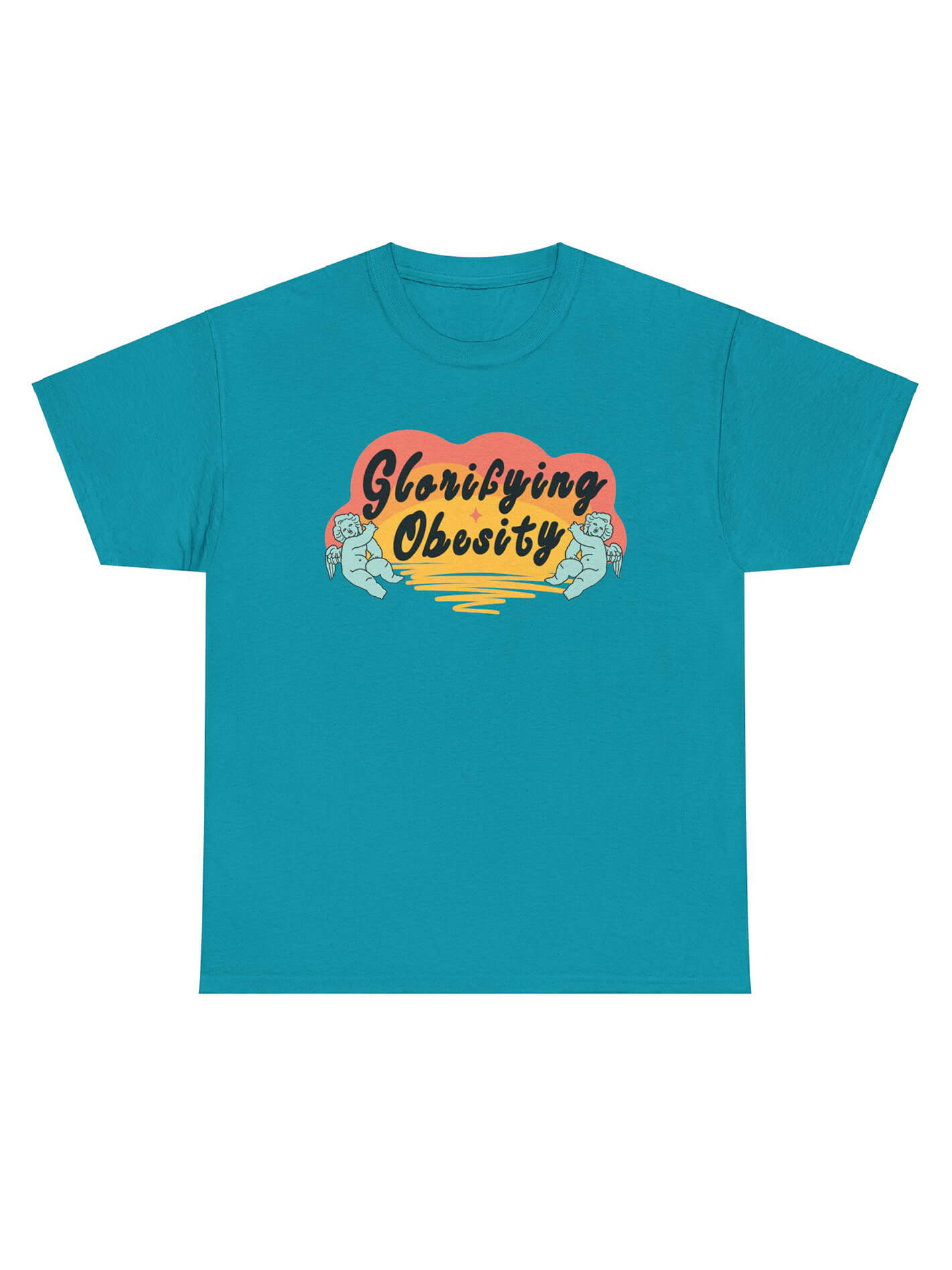 Teal glorifying obesity fat positive t-shirt.