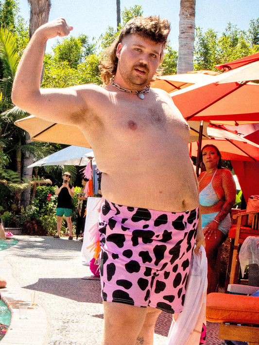 Unisex plus size swim shorts cow print.