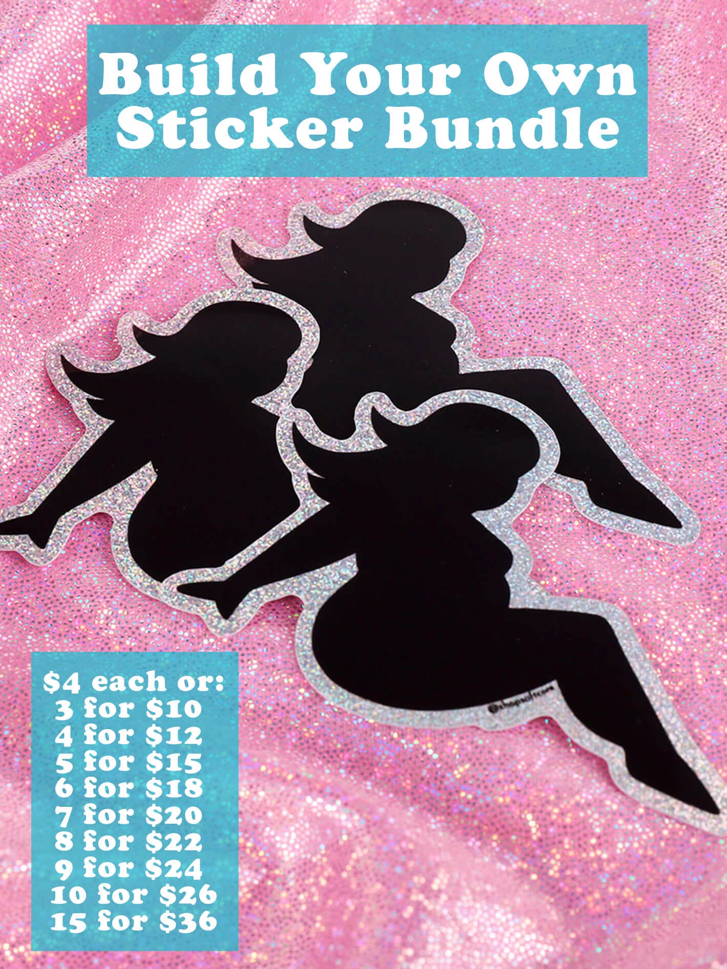 Build your own sticker bundle. $4 each or: 3 for $10 4 for $12 5 for $15 6 for $18 7 for $20 8 for $22 9 for $24 10 for $26 15 for $36.
