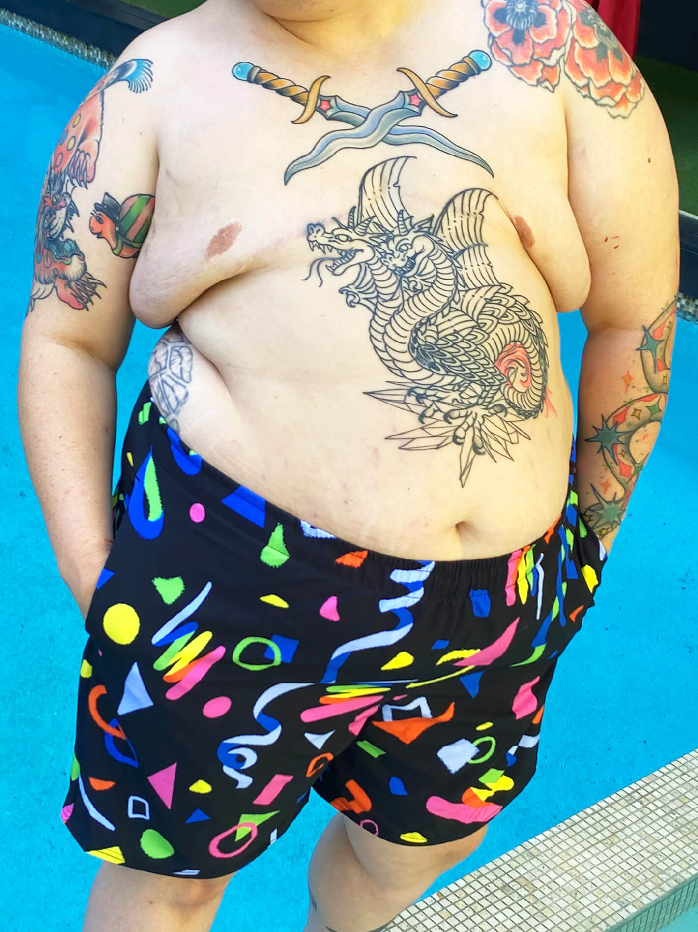 Plus size 90 aesthetic swim trunks.