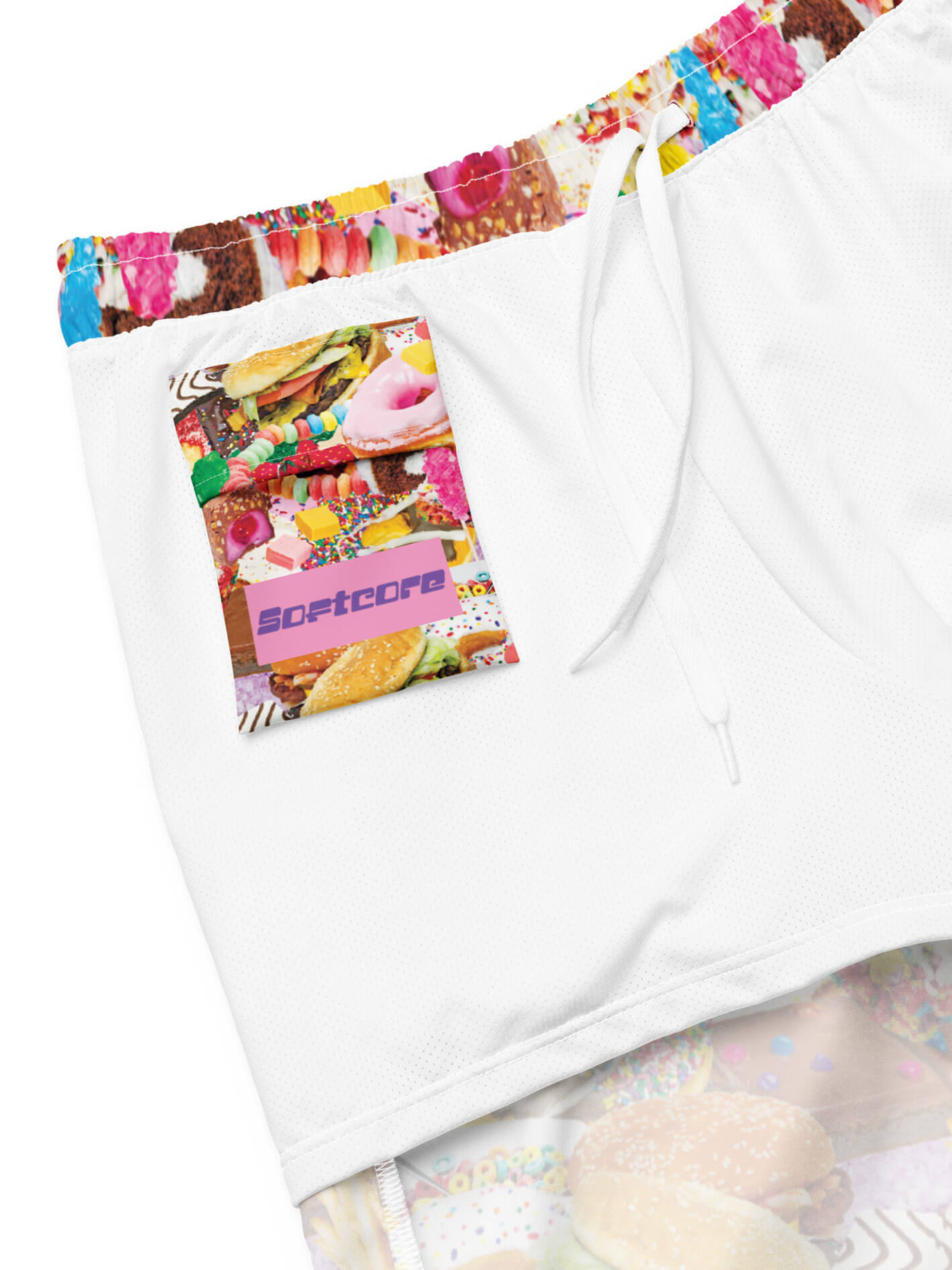 Plus size pop art food swim trunks.