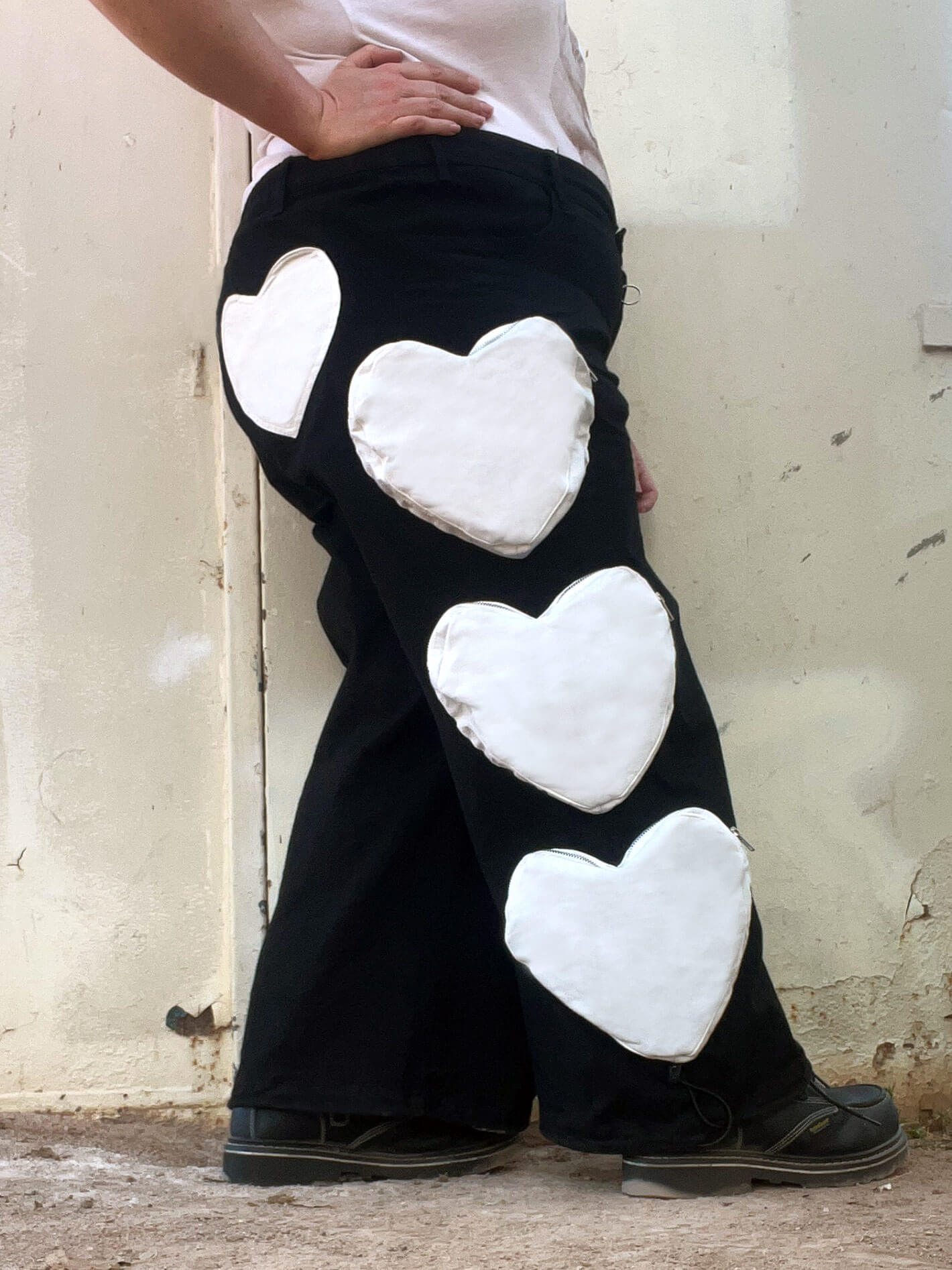 Black and white heart cargo pocket pants.