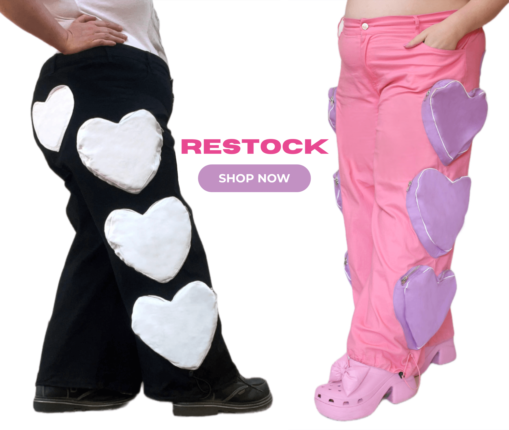 Restock shop now. Heart pocket cargo pants. Click through to shop.