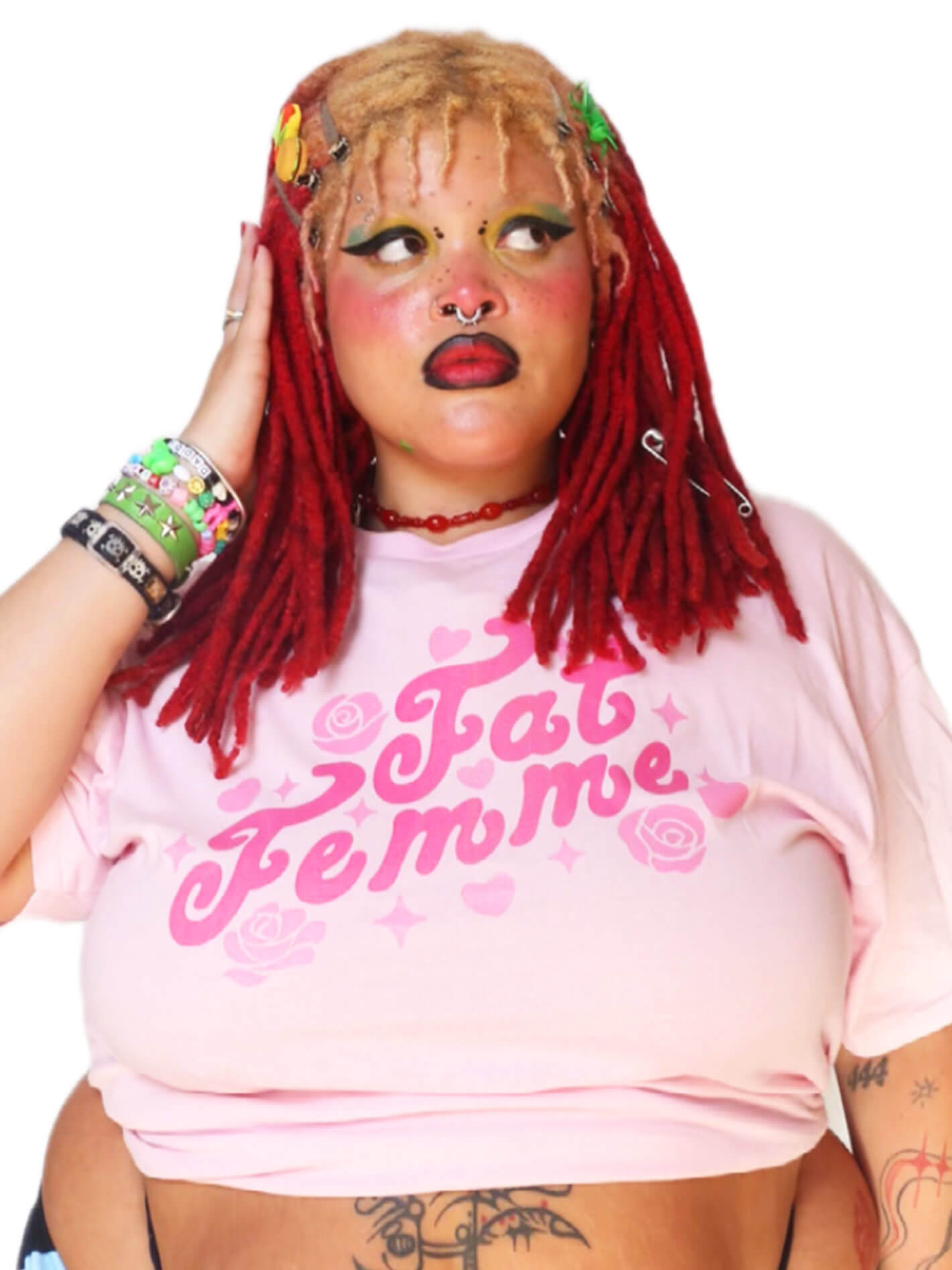 Fat femme plus size pink t-shirt.