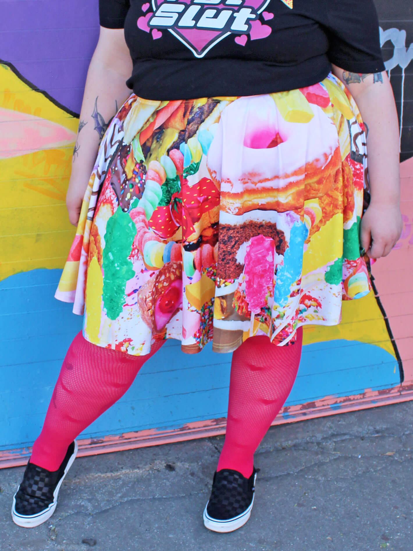 Junk food print skater skirt.