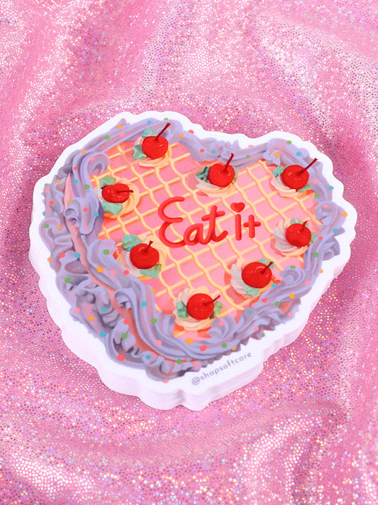 Kawaii pastel retro cherry cake that say eat it sticker.