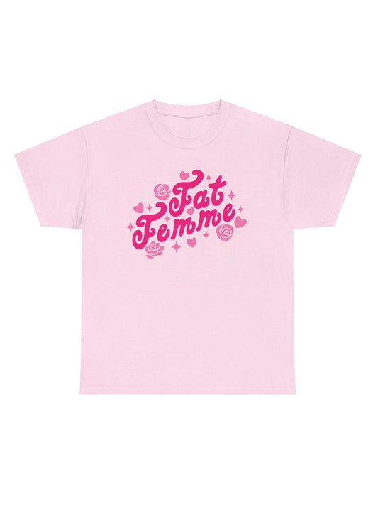 Pink fat femme queer graphic tee.