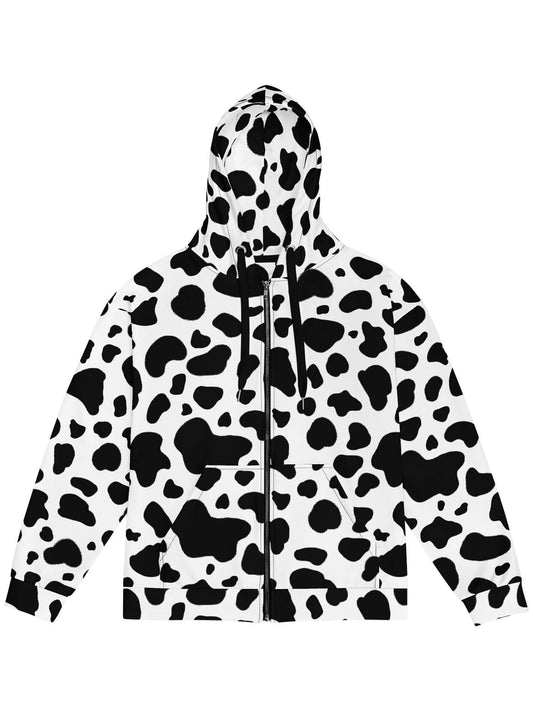 Plus size cow print zip up hoodie.