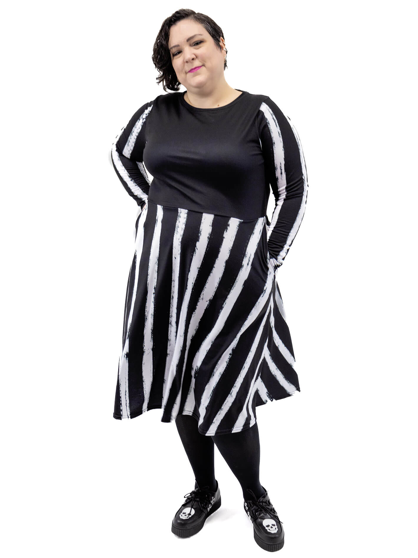 Plus size gothic black and white striped dress.