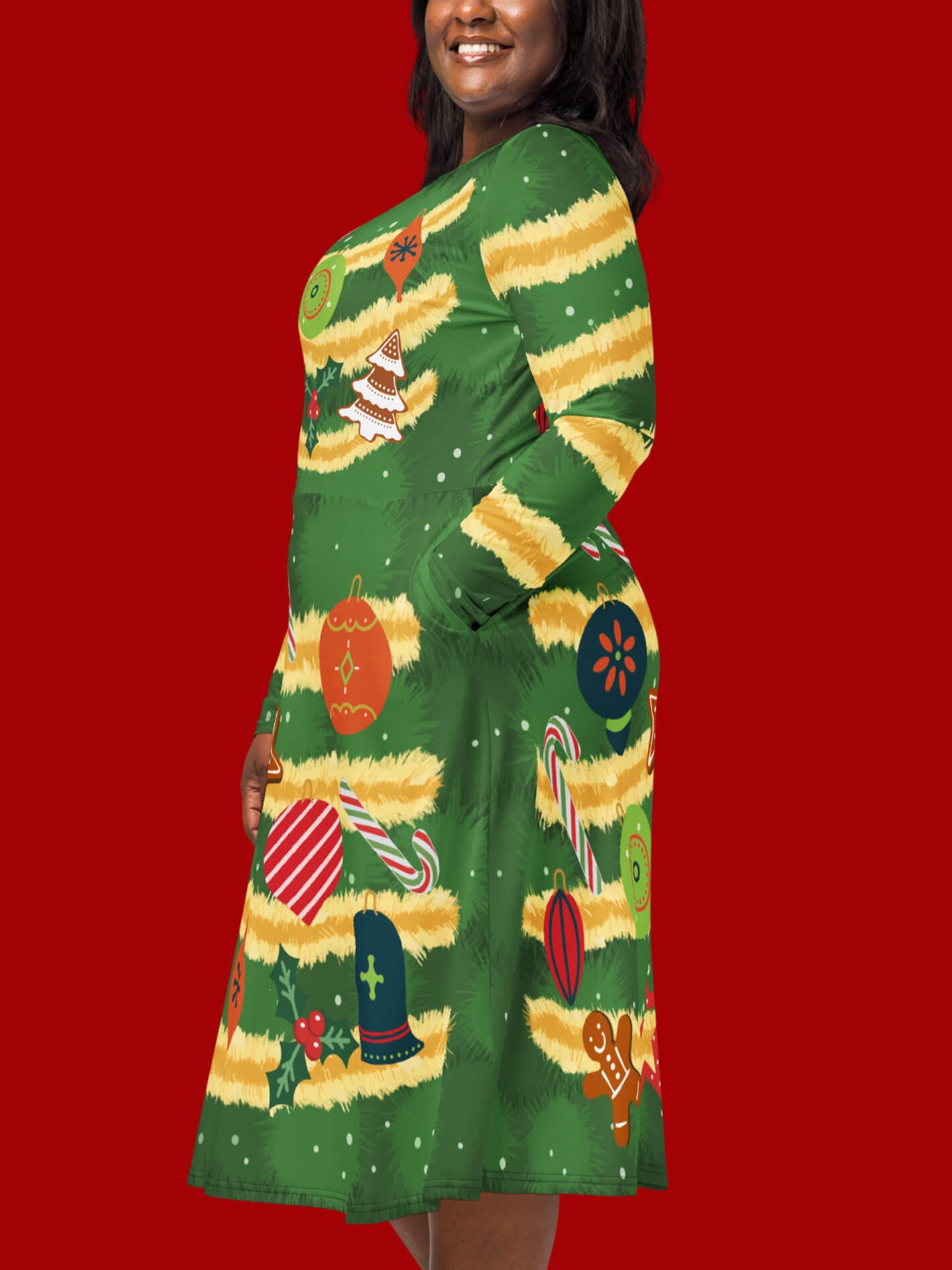 Plus size holiday pocket long sleeve dress.
