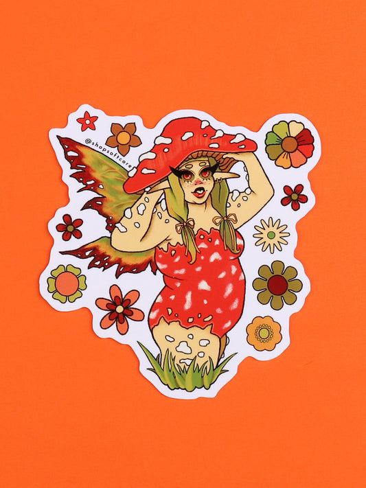 Plus size mushroom fairy whimsical sticker.