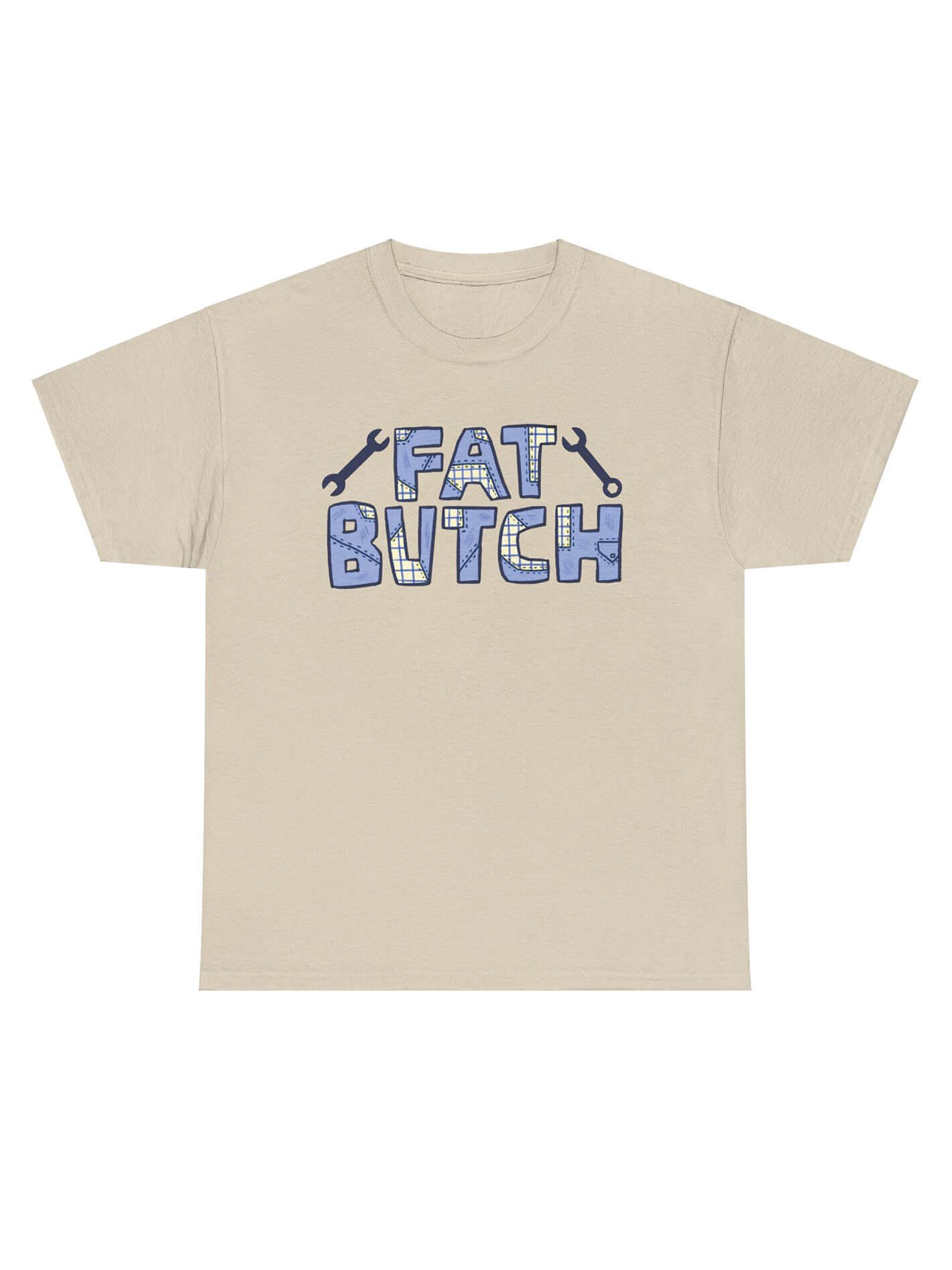 Queer fat butch sand colored graphic t-shirt.