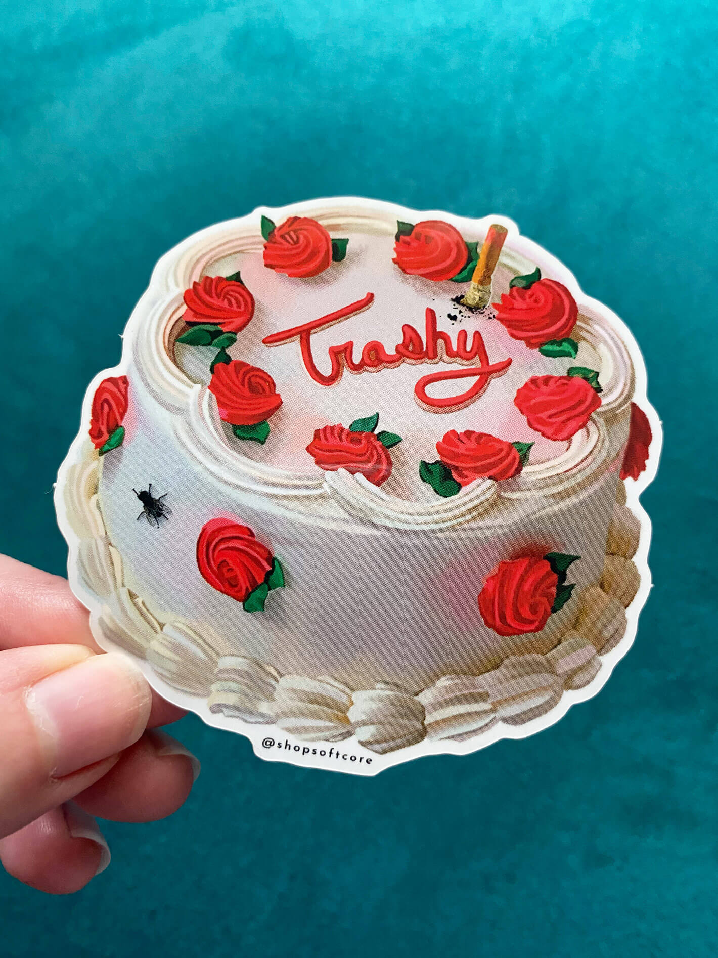 Trashy John Waters retro cake sticker.