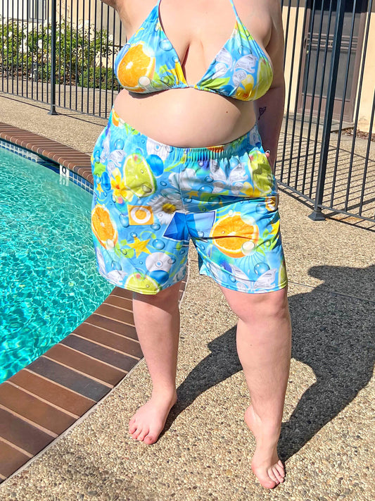 Y2K aesthetic plus size swim shorts.