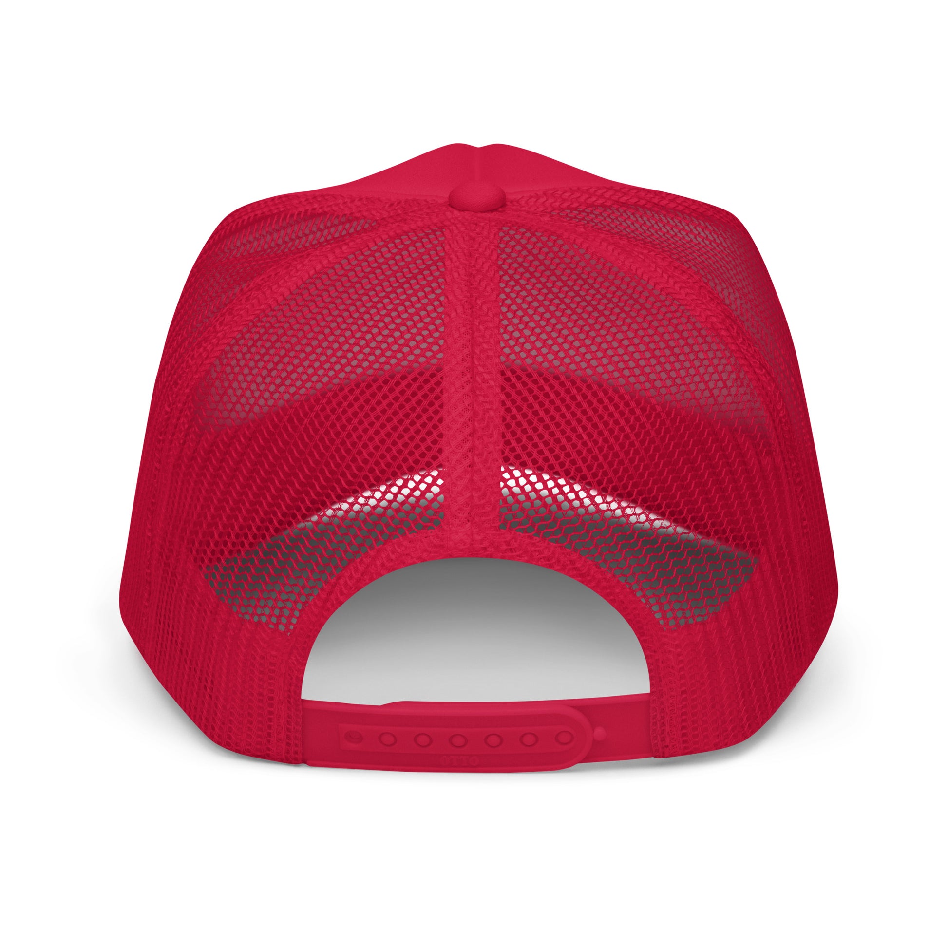 Red mesh trucker hat.