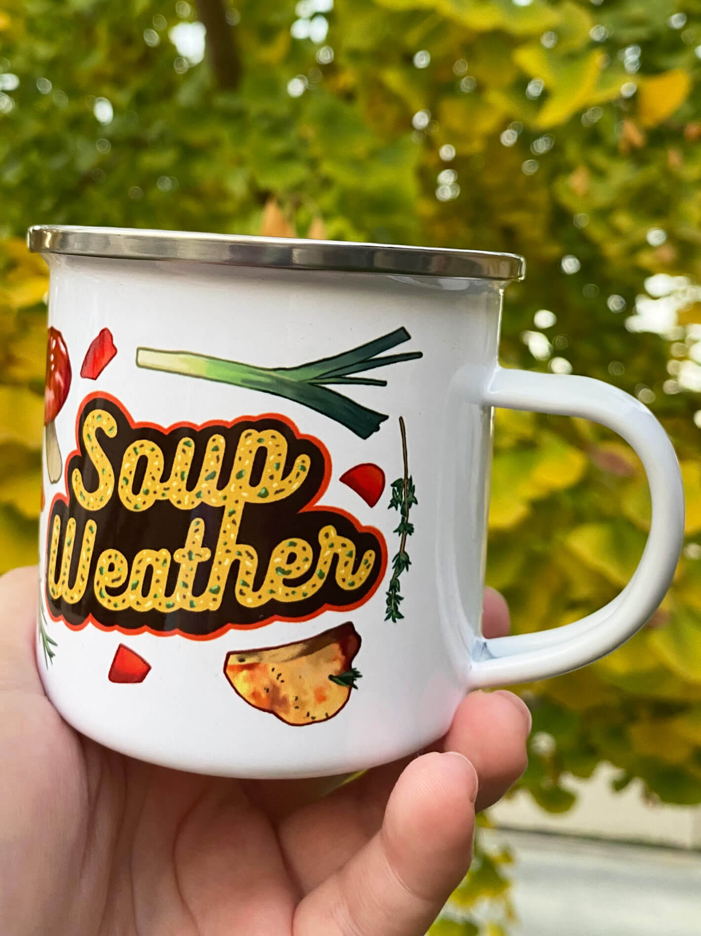Soup weather enamel mug.