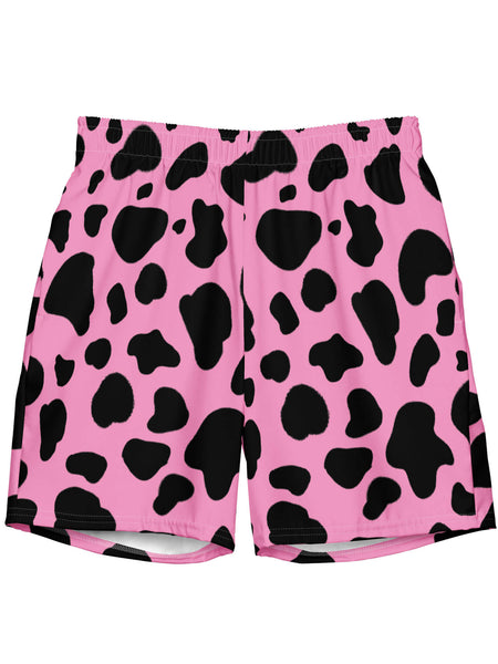 Plus size pink cow print swim trunks.
