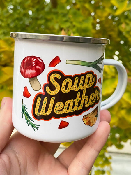 Fall soup enamel mug.
